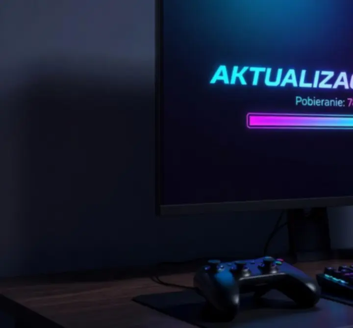 Ekran aktualizacji gry z futurystycznym interfejsem