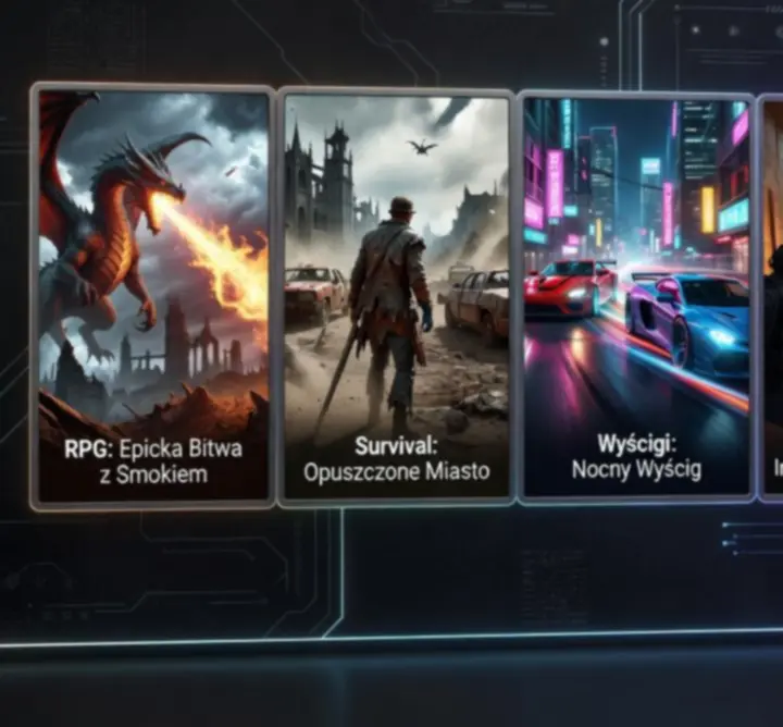 Kolaż screenshotów i materiałów gamingowych prezentujących różne gry