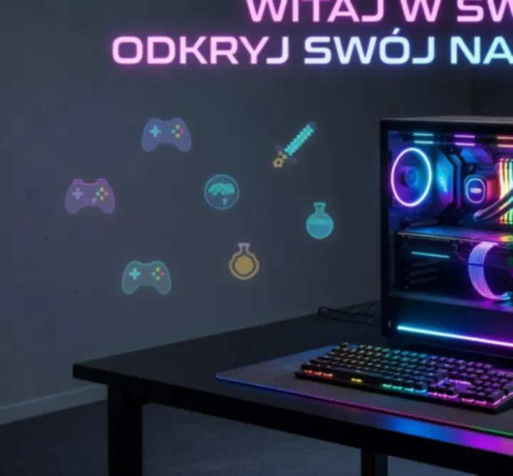 Stylizowana grafika gamingowa przedstawiająca futurystyczny świat gier