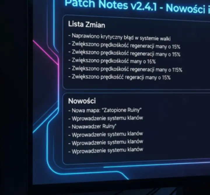 Ekran patch notes z listą zmian w grze